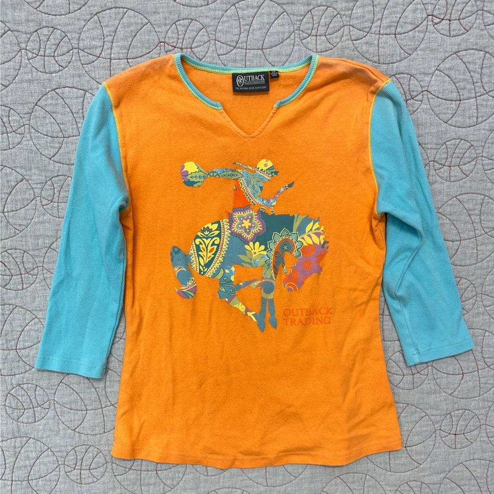 Outback Trading Graphic Tee Orange Blue Western Paisley / Women's Large